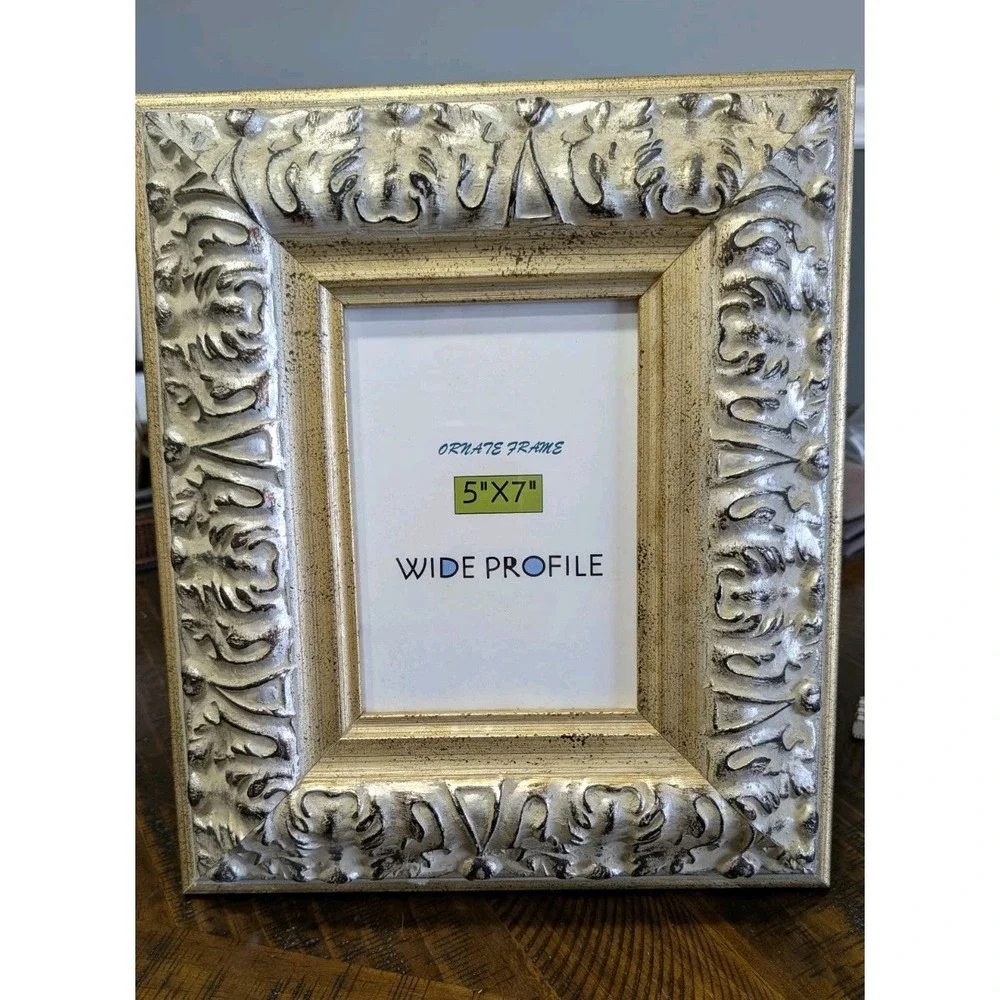 Ornate 5x7 Picture Frame Gold Silver Distressed Wide Profile Tabletop Wall